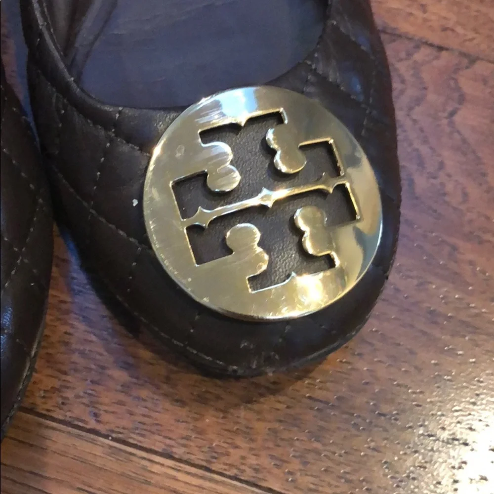Tory Burch Black Quilted Leather Flats with Gold Logo Medallion